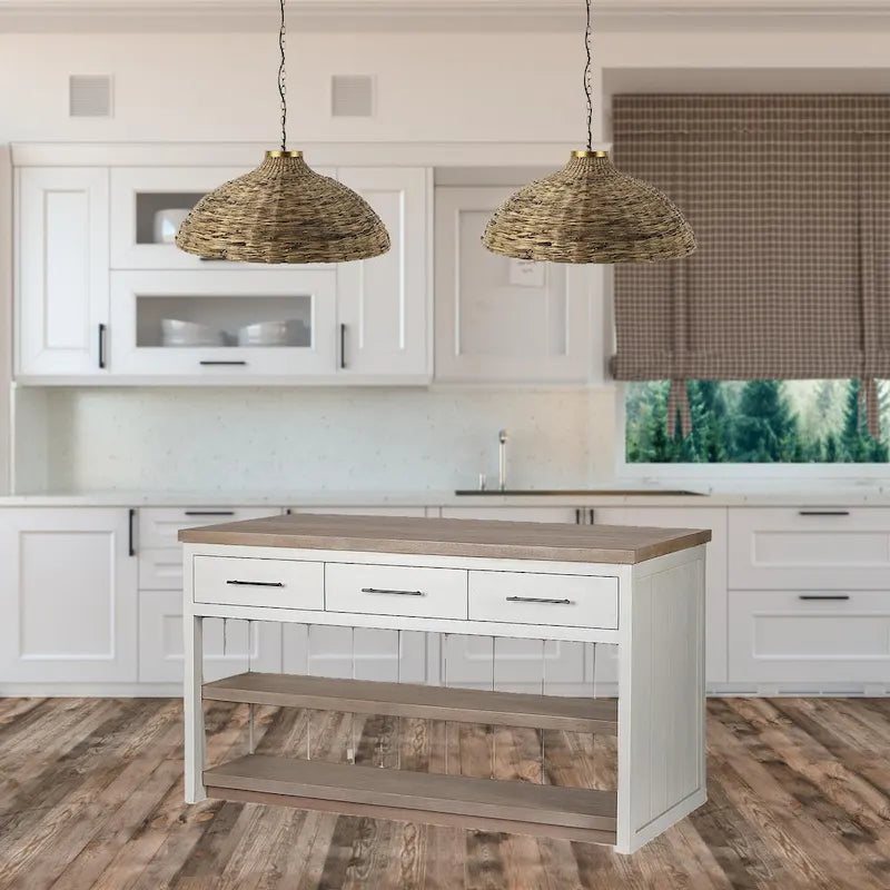HomeRoots White And Brown Two Tone Wooden Kitchen Island With 3 Drawers - 30' X '34.5' X '60