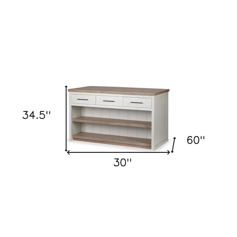 Kücheninsel aus Holz in Weiß und Braun mit 3 Schubladen 30x60x34,5 Zoll
