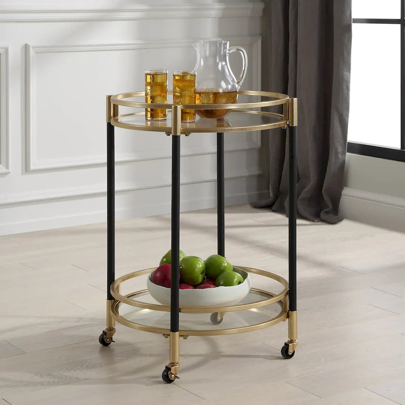 2-stufiger runder Servierwagen für Bars Schwarz und Gold mit Glasablagen 75,5 cm