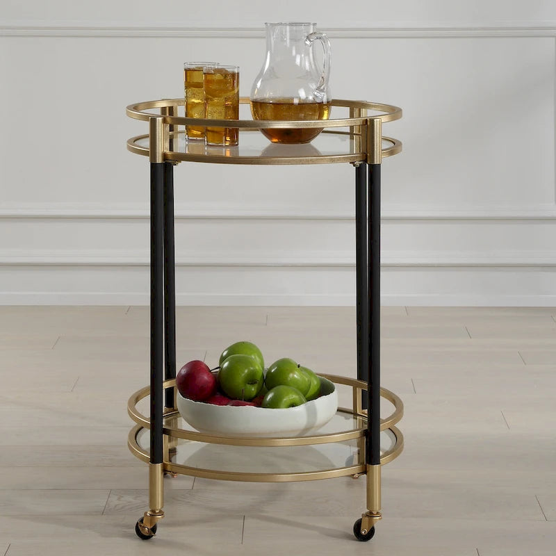 2-stufiger runder Servierwagen für Bars Schwarz und Gold mit Glasablagen 75,5 cm