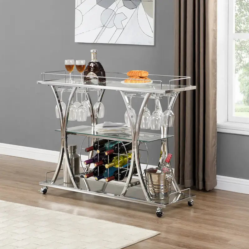 Servierwagen mit Weinregal aus gehärtetem Glas und Metallrahmen