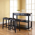 Crosley Black Natural Wood Top Kitchen Cart and Island with Black 24-inch Upholstered Saddle Stools - 17d x 43w x 35h