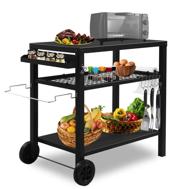 Outdoor-Grillwagen Beweglicher BBQ-Trolley Vorbereitungswagen mit zwei Rädern und Haken