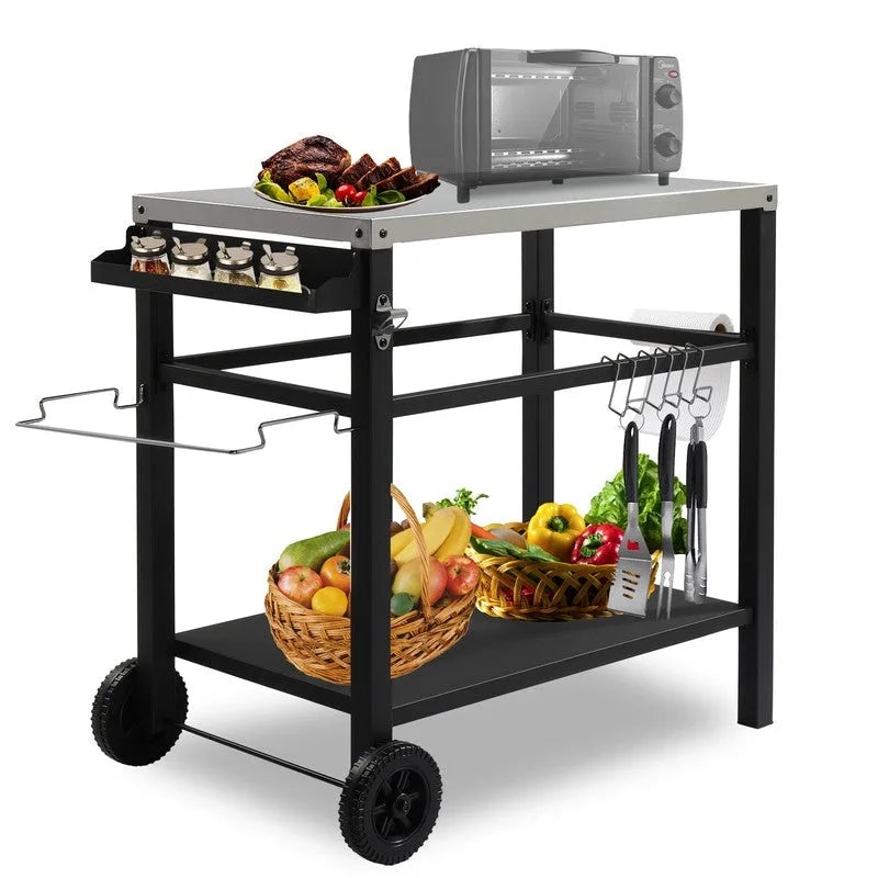 Outdoor-Grillwagen Beweglicher BBQ-Trolley Vorbereitungswagen mit zwei Rädern und Haken