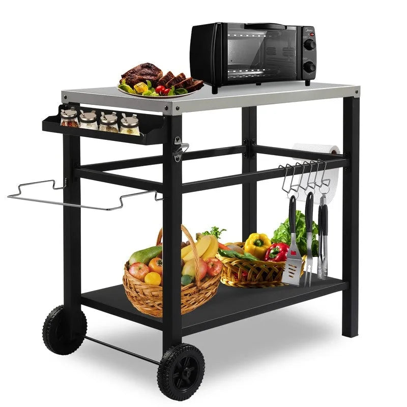 Outdoor-Grillwagen Beweglicher BBQ-Trolley Vorbereitungswagen mit zwei Rädern und Haken