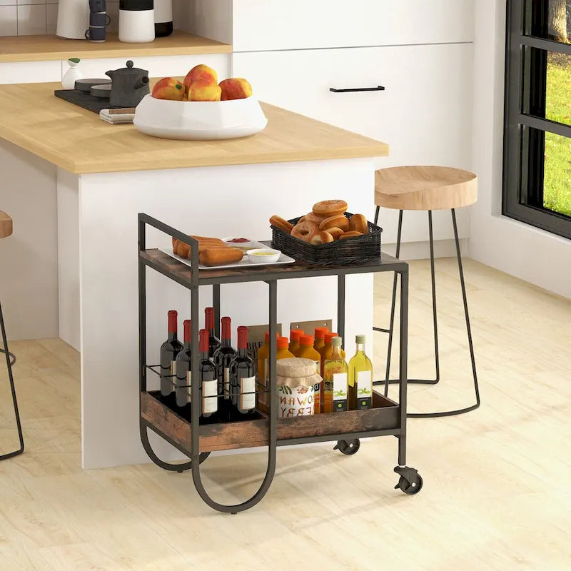 Rollbarer Servierwagen mit abnehmbarem Weinkorb aus Metall – Braun