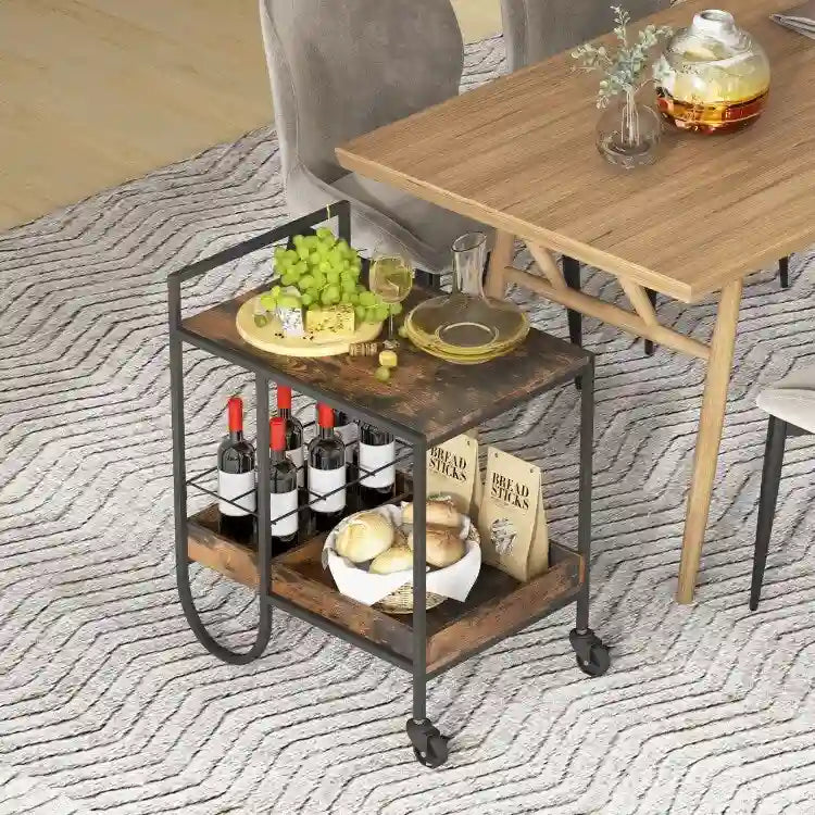 Rollbarer Servierwagen mit abnehmbarem Weinkorb aus Metall – Braun