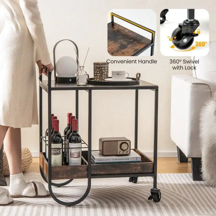 Rollbarer Servierwagen mit abnehmbarem Weinkorb aus Metall – Braun
