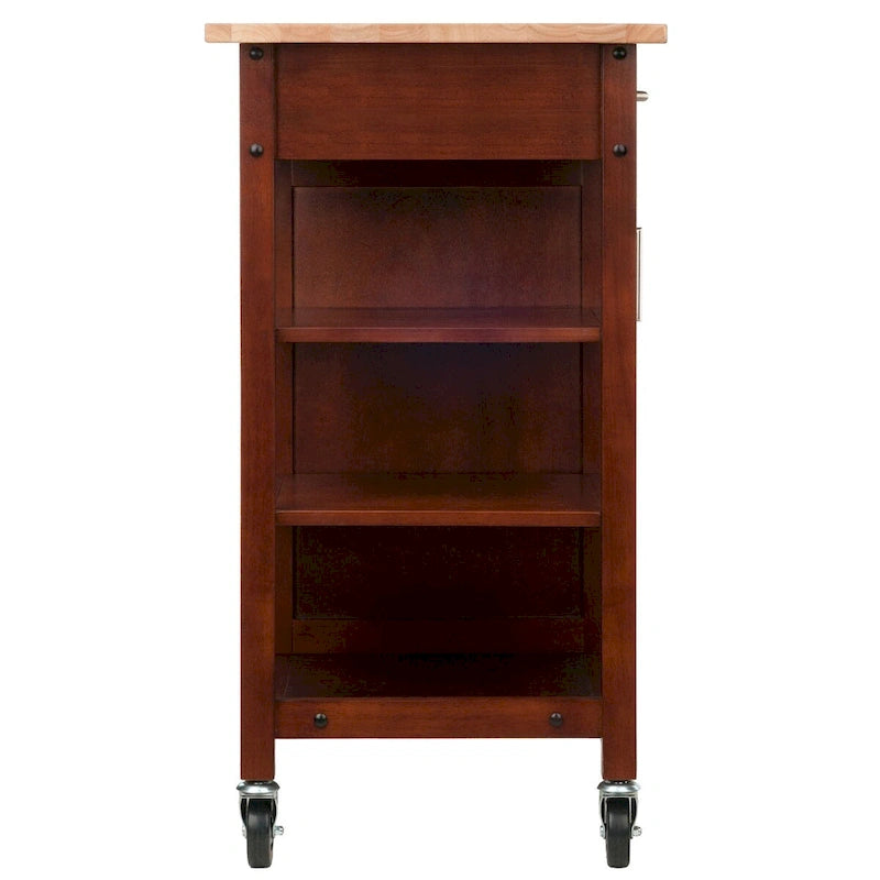Zweifarbiger Küchenwagen aus Walnussholz mit offenen Regalen und Schrank 36,18x18,5x34,61 Zoll