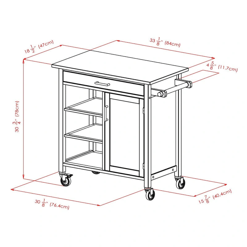 Zweifarbiger Küchenwagen aus Walnussholz mit offenen Regalen und Schrank 36,18x18,5x34,61 Zoll