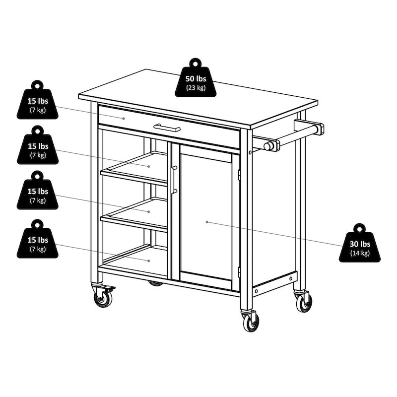 Zweifarbiger Küchenwagen aus Walnussholz mit offenen Regalen und Schrank 36,18x18,5x34,61 Zoll