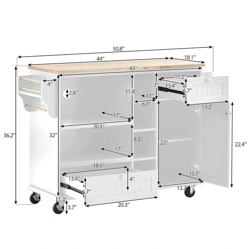 Rollbarer Küchenwagen mit Edelstahl-Arbeitsplatte 108x48x89 cm