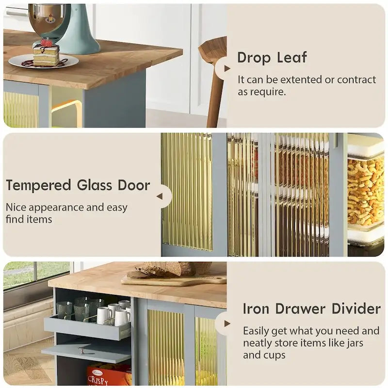 Kücheninselwagen mit Klappplatte, LED-Beleuchtung und Glasschiebetüren auf Rollen