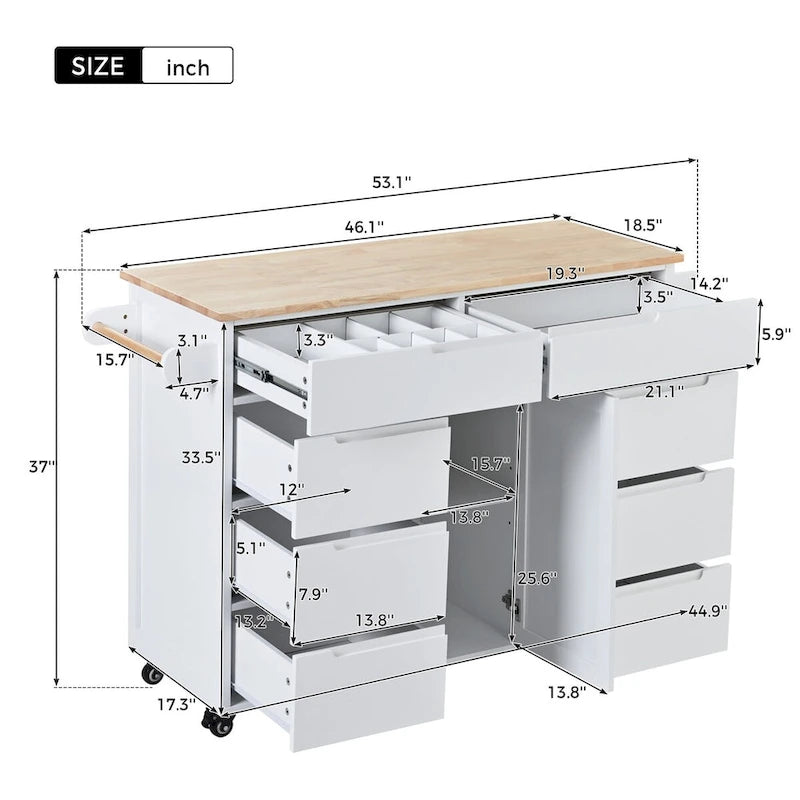 Kücheninsel aus Kautschukholz mit 8 Schubladen, Schrank und Rollen