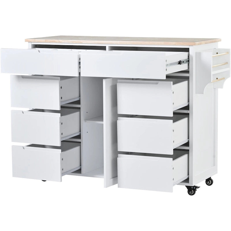 Kücheninsel aus Kautschukholz mit 8 Schubladen, Schrank und Rollen