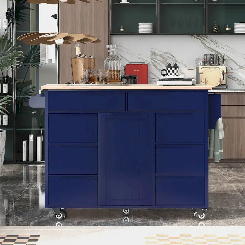 Kücheninsel aus Kautschukholz mit 8 Schubladen, Schrank und Rollen