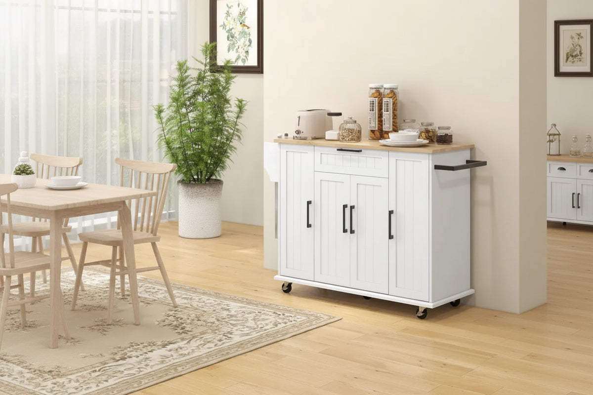 52Kitchen Island Rolling Kitchen Cart with Rubberwood Top,Spice Rack,Towel Rack,Drawer