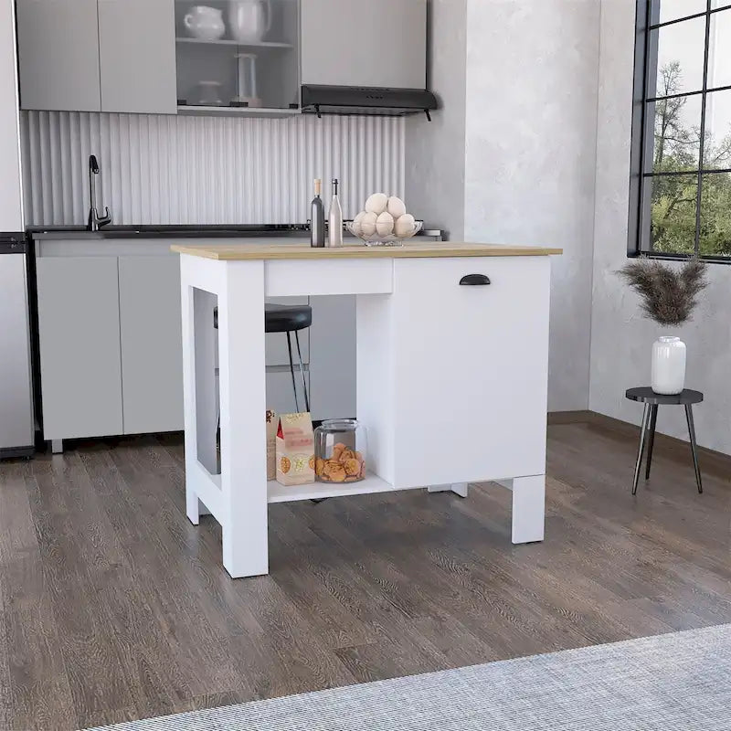 Kücheninsel aus Holz mit eintürigem Schrank und offenem Regal