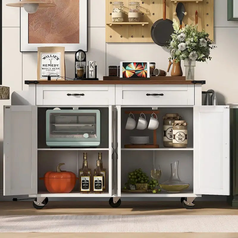 53,5 Zoll großer Küchenwagen im Landhausstil mit Steckdose, Klappplatte und Gewürzregal