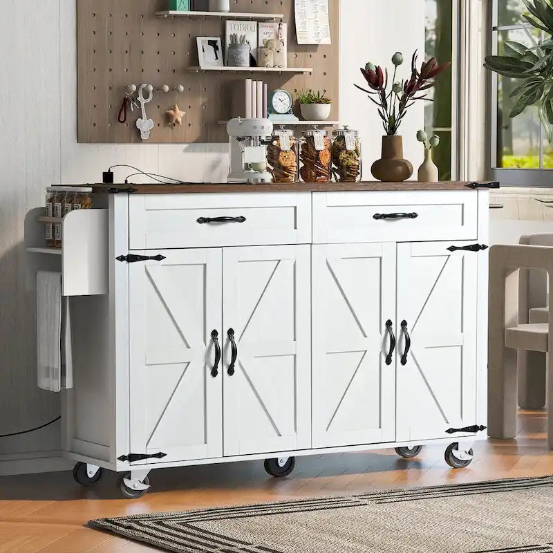 53,5 Zoll großer Küchenwagen im Landhausstil mit Steckdose, Klappplatte und Gewürzregal