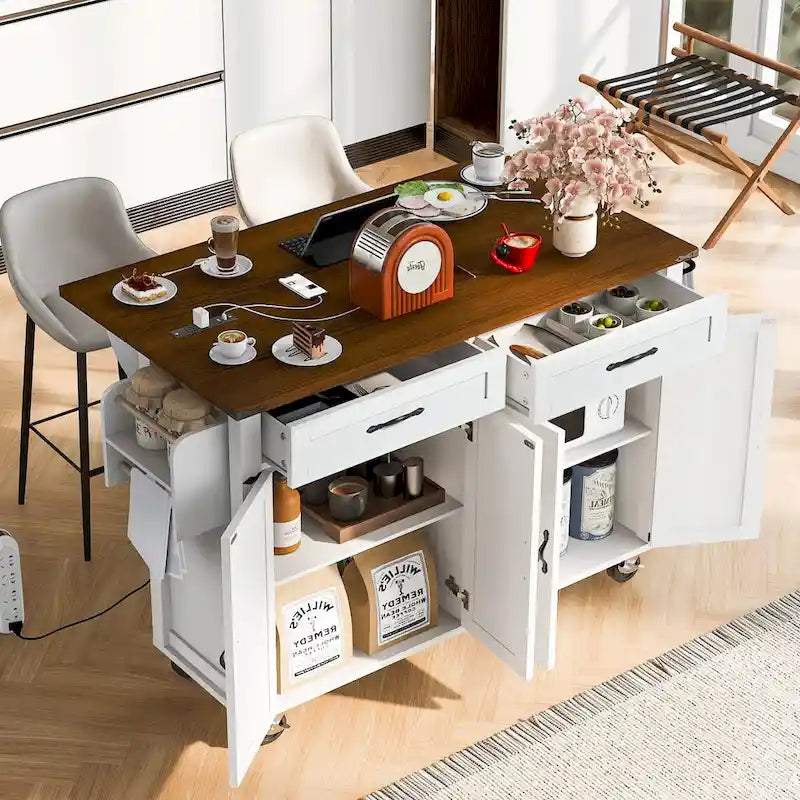 53,5 Zoll großer Küchenwagen im Landhausstil mit Steckdose, Klappplatte und Gewürzregal