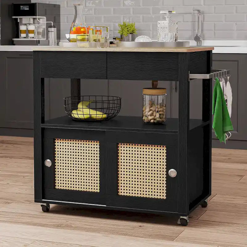 Rattan Rollbarer Küchenwagen mit Stauraumschrank 81,8x49,5x88,9 cm