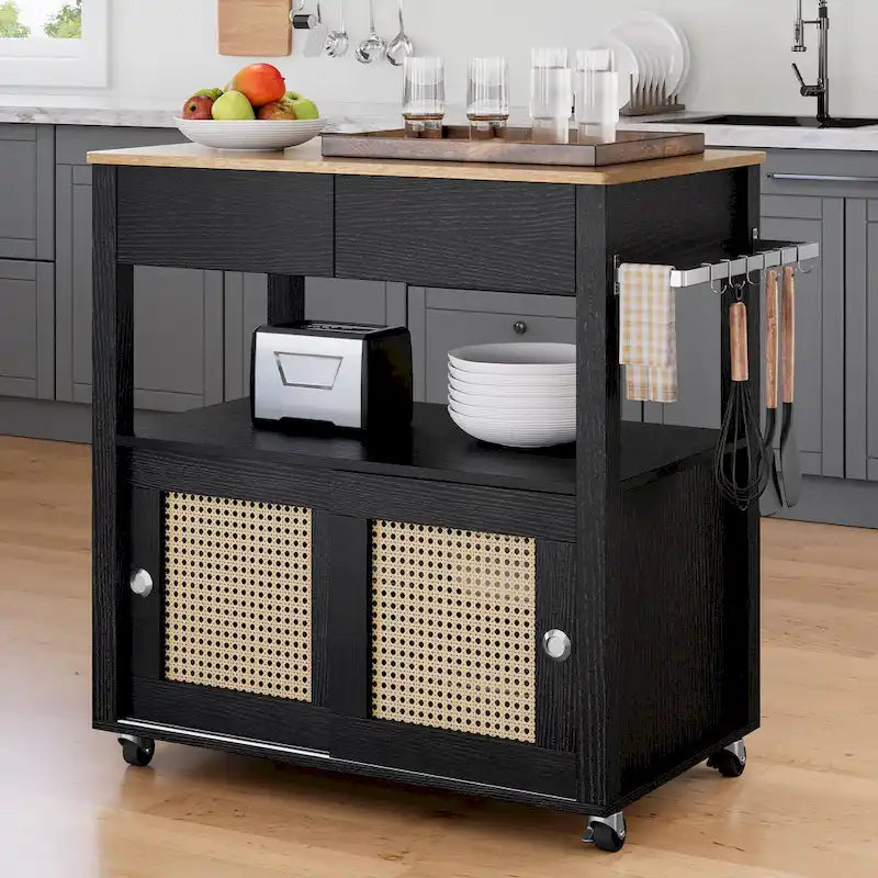 Rattan Rollbarer Küchenwagen mit Stauraumschrank 81,8x49,5x88,9 cm