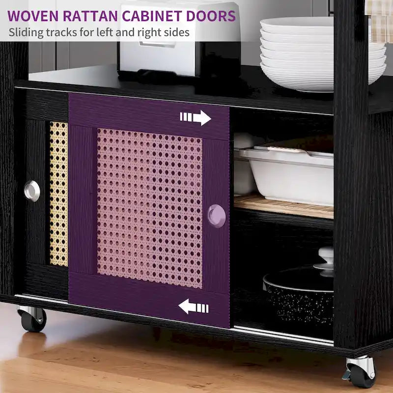 Rattan Rollbarer Küchenwagen mit Stauraumschrank 81,8x49,5x88,9 cm