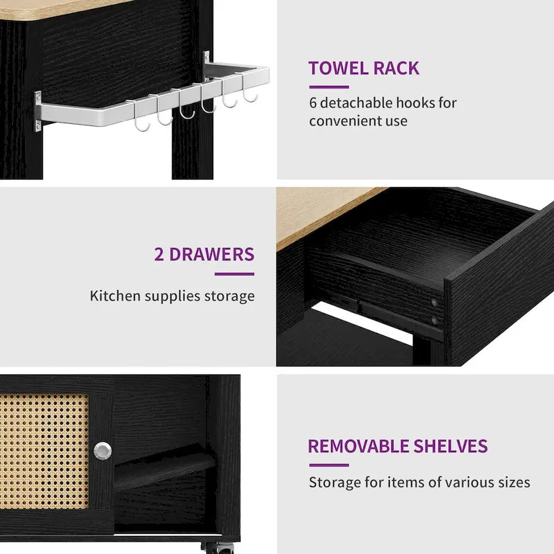 Rattan Rollbarer Küchenwagen mit Stauraumschrank 81,8x49,5x88,9 cm