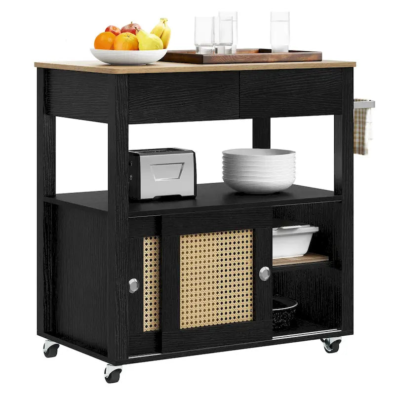 Rattan Rollbarer Küchenwagen mit Stauraumschrank 81,8x49,5x88,9 cm