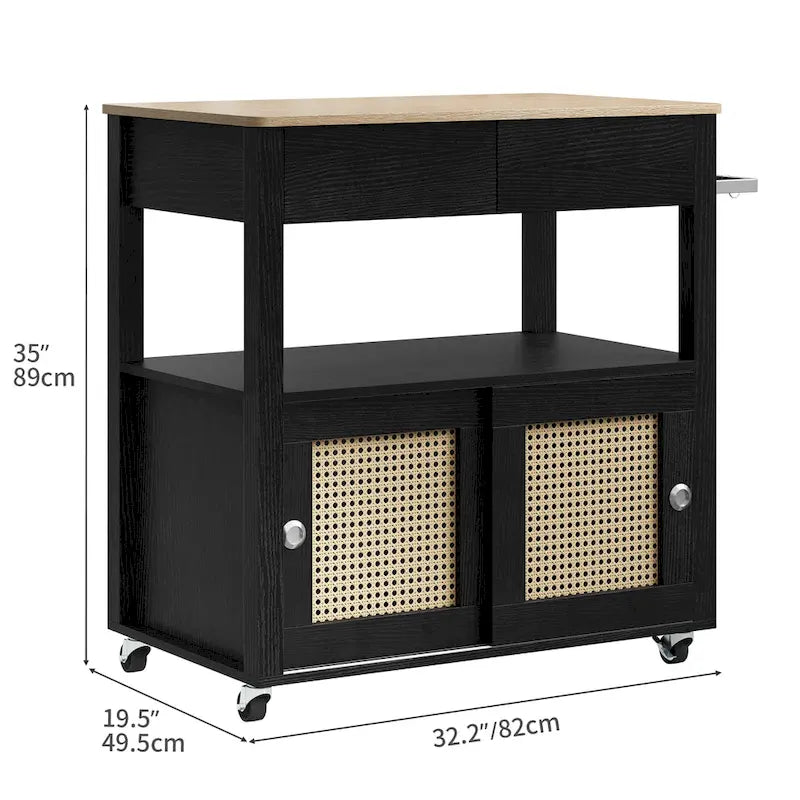 Rattan Rollbarer Küchenwagen mit Stauraumschrank 81,8x49,5x88,9 cm