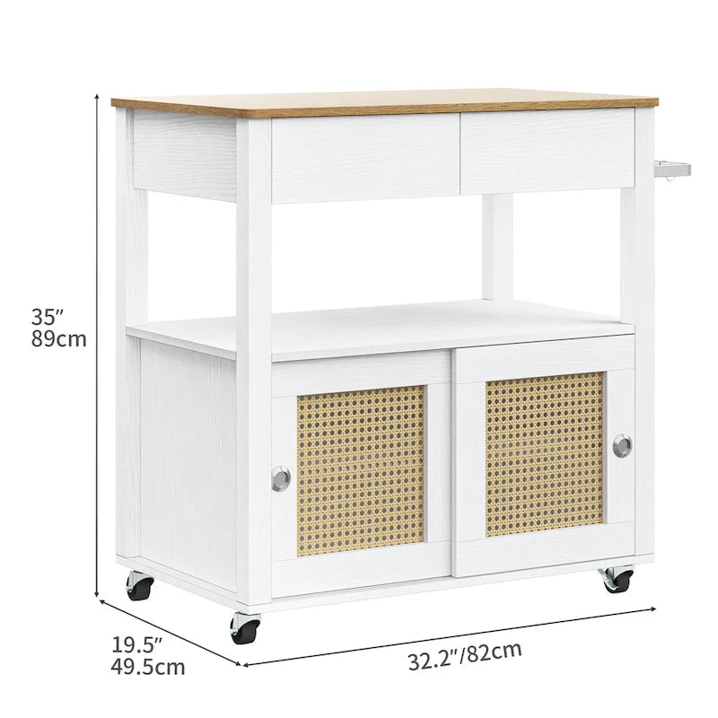 Rattan Rollbarer Küchenwagen mit Stauraumschrank 81,8x49,5x88,9 cm