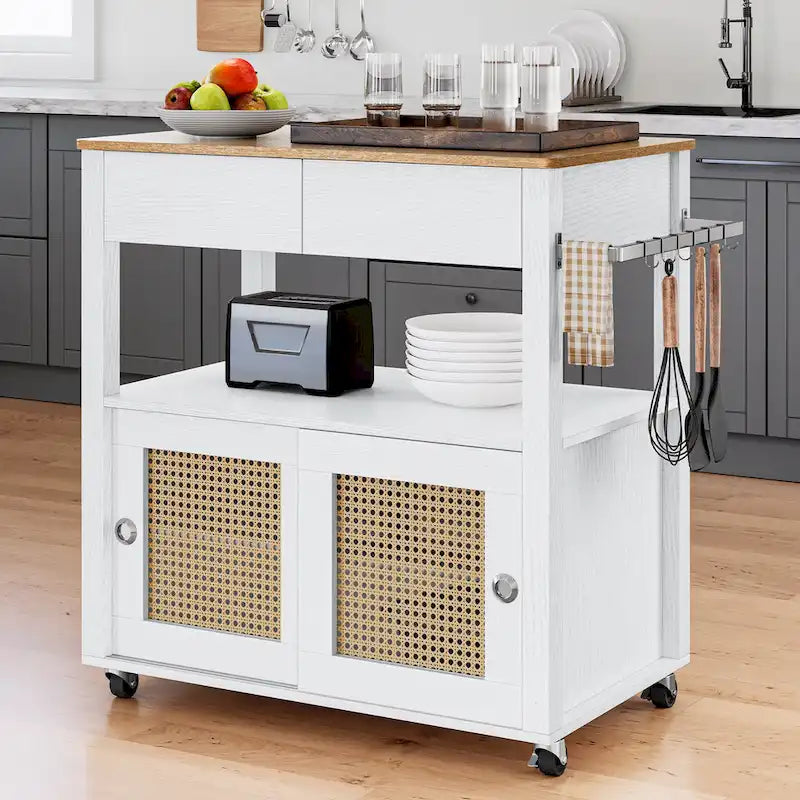 Rattan Rollbarer Küchenwagen mit Stauraumschrank 81,8x49,5x88,9 cm