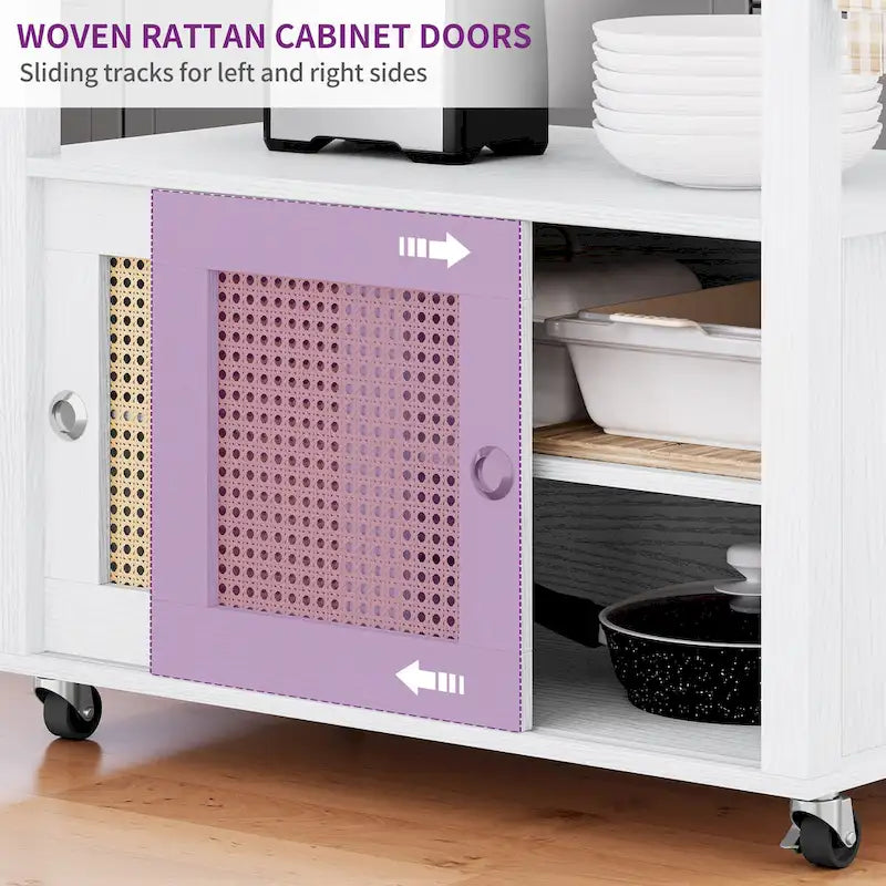 Rattan Rollbarer Küchenwagen mit Stauraumschrank 81,8x49,5x88,9 cm