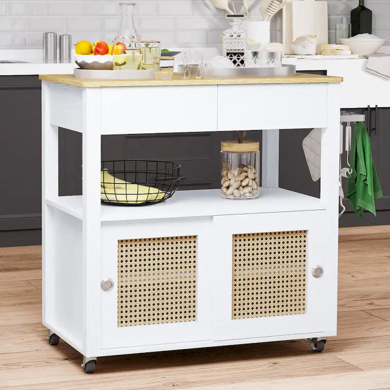 Rattan Rollbarer Küchenwagen mit Stauraumschrank 81,8x49,5x88,9 cm