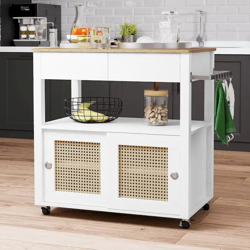 Rattan Rollbarer Küchenwagen mit Stauraumschrank 81,8x49,5x88,9 cm