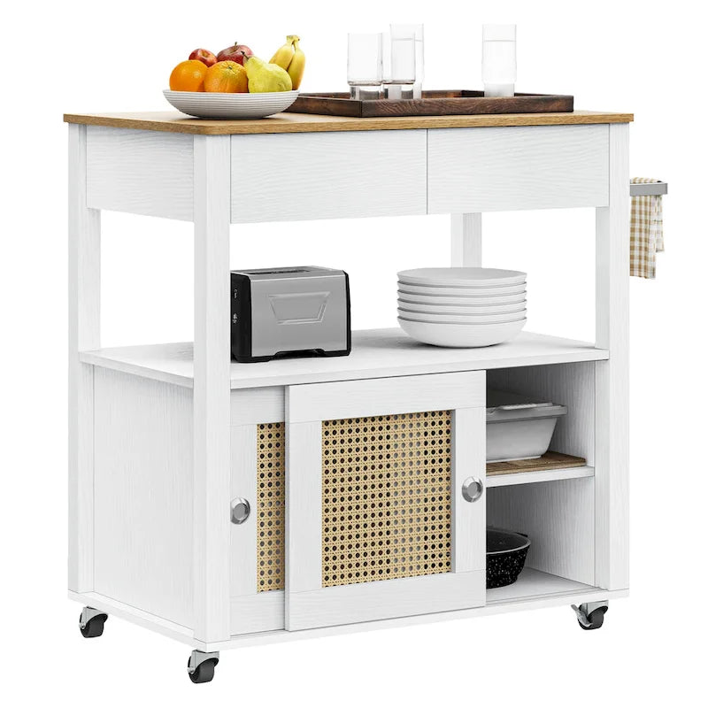 Rattan Rollbarer Küchenwagen mit Stauraumschrank 81,8x49,5x88,9 cm