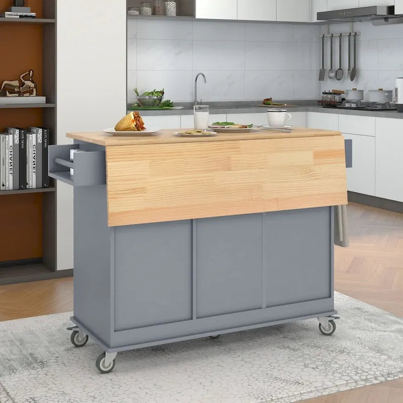 Rollbare mobile Kücheninsel mit Massivholzplatte und Klappflügel 52,76 Zoll