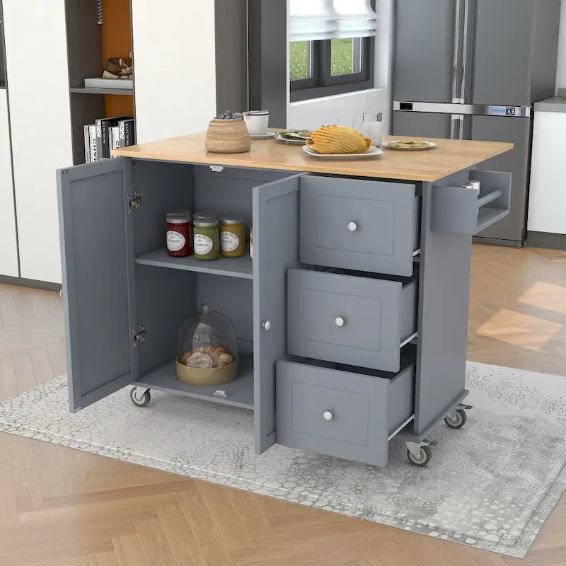 Rollbare mobile Kücheninsel mit Massivholzplatte und Klappflügel 52,76 Zoll