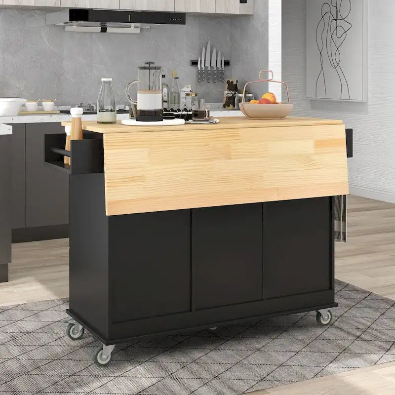 Rollbare mobile Kücheninsel mit Massivholzplatte und Klappflügel 52,76 Zoll