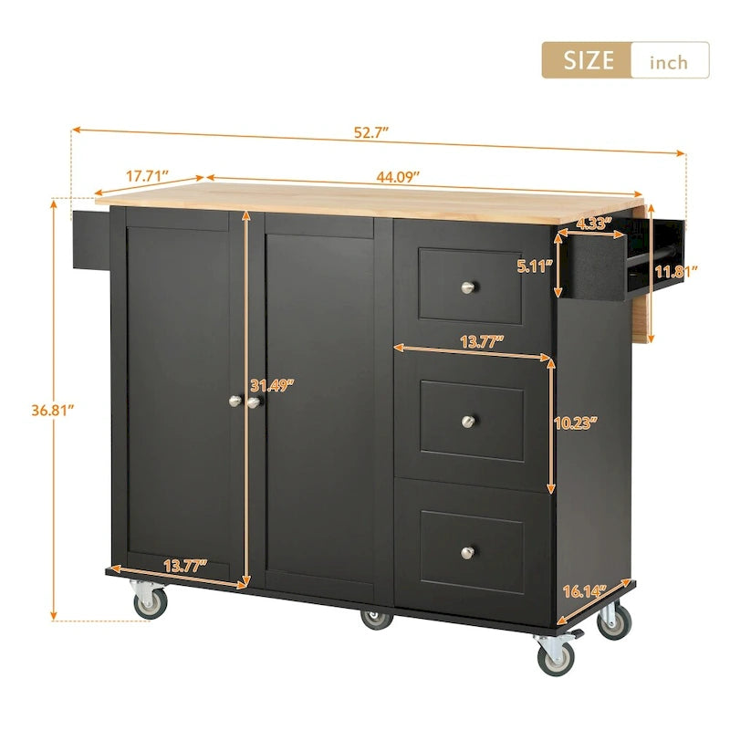 Rollbare mobile Kücheninsel mit Massivholzplatte und Klappflügel 52,76 Zoll