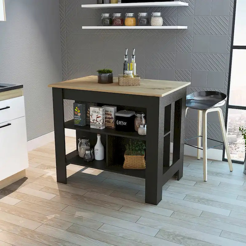 Kücheninsel mit 3 Ablagen, Wenge Schwarz und Helle Eiche, 102,9x69,8x89,9 cm