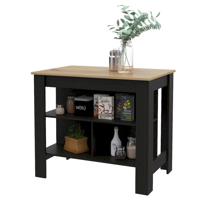 Kücheninsel mit 3 Ablagen, Wenge Schwarz und Helle Eiche, 102,9x69,8x89,9 cm