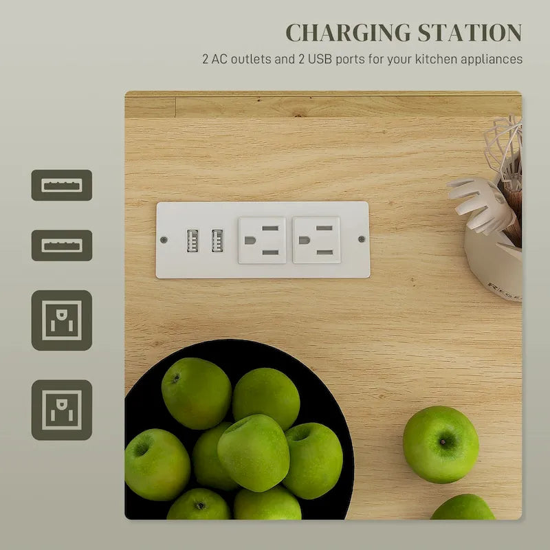 Rollbare Kücheninsel mit Stauraum, Wechselstromanschlüssen, USB-Anschlüssen und Gewürzregal
