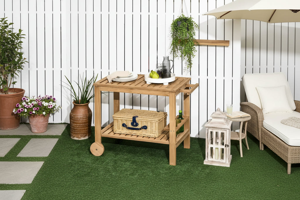 Outdoor Bar Cart, Wood Rolling Home Bar & Serving Cart with 2 Shelves
