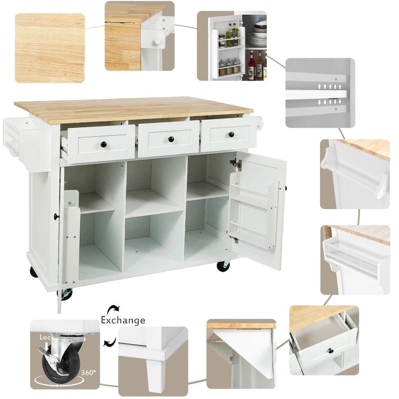 Weißer Küchenwagen mit 5 Rollen, Klappplatte und Stauraumschrank mit 3 Schubladen