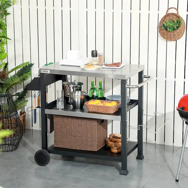 3-stöckiger Outdoor-Grillwagen mit Edelstahlplatte, 99,7x64,8x83,8 cm