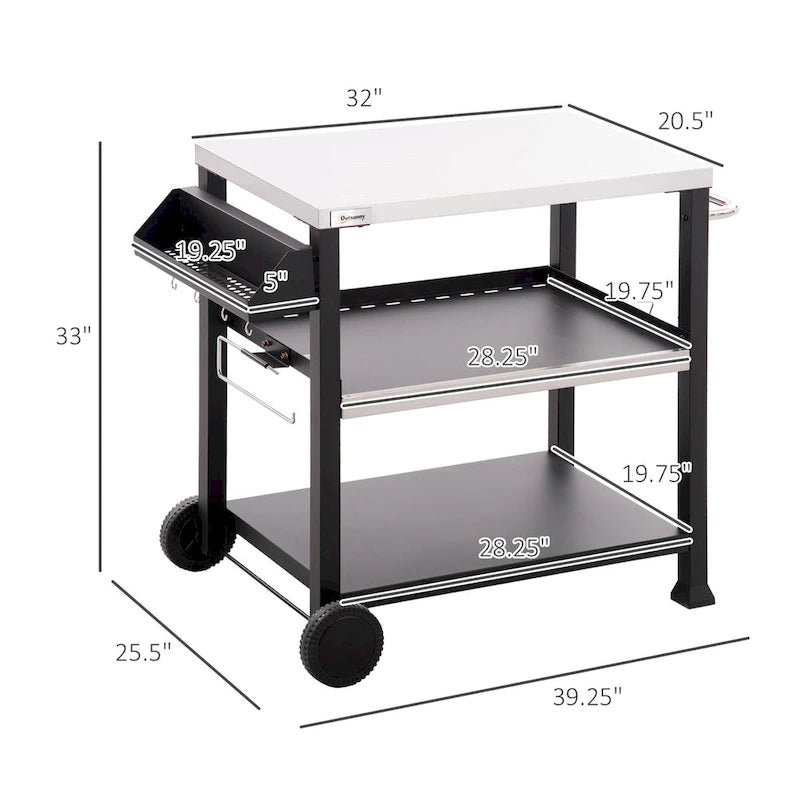 3-stöckiger Outdoor-Grillwagen mit Edelstahlplatte, 99,7x64,8x83,8 cm