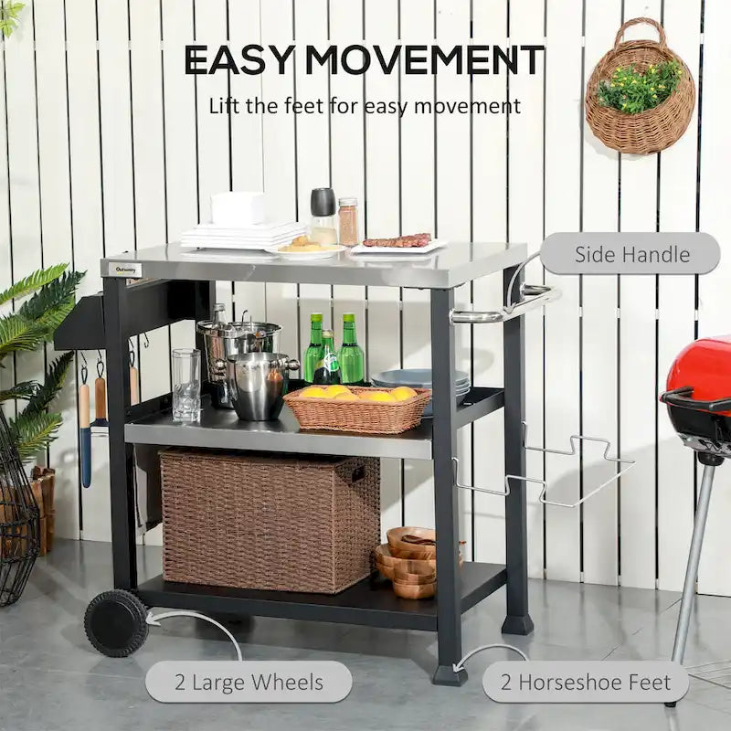 3-stöckiger Outdoor-Grillwagen mit Edelstahlplatte, 99,7x64,8x83,8 cm